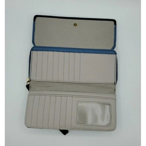 Fossil Two Tone Blue Leather Wallet Wristlet Fold Over Snap and Zip Compartment - Picture 4 of 7